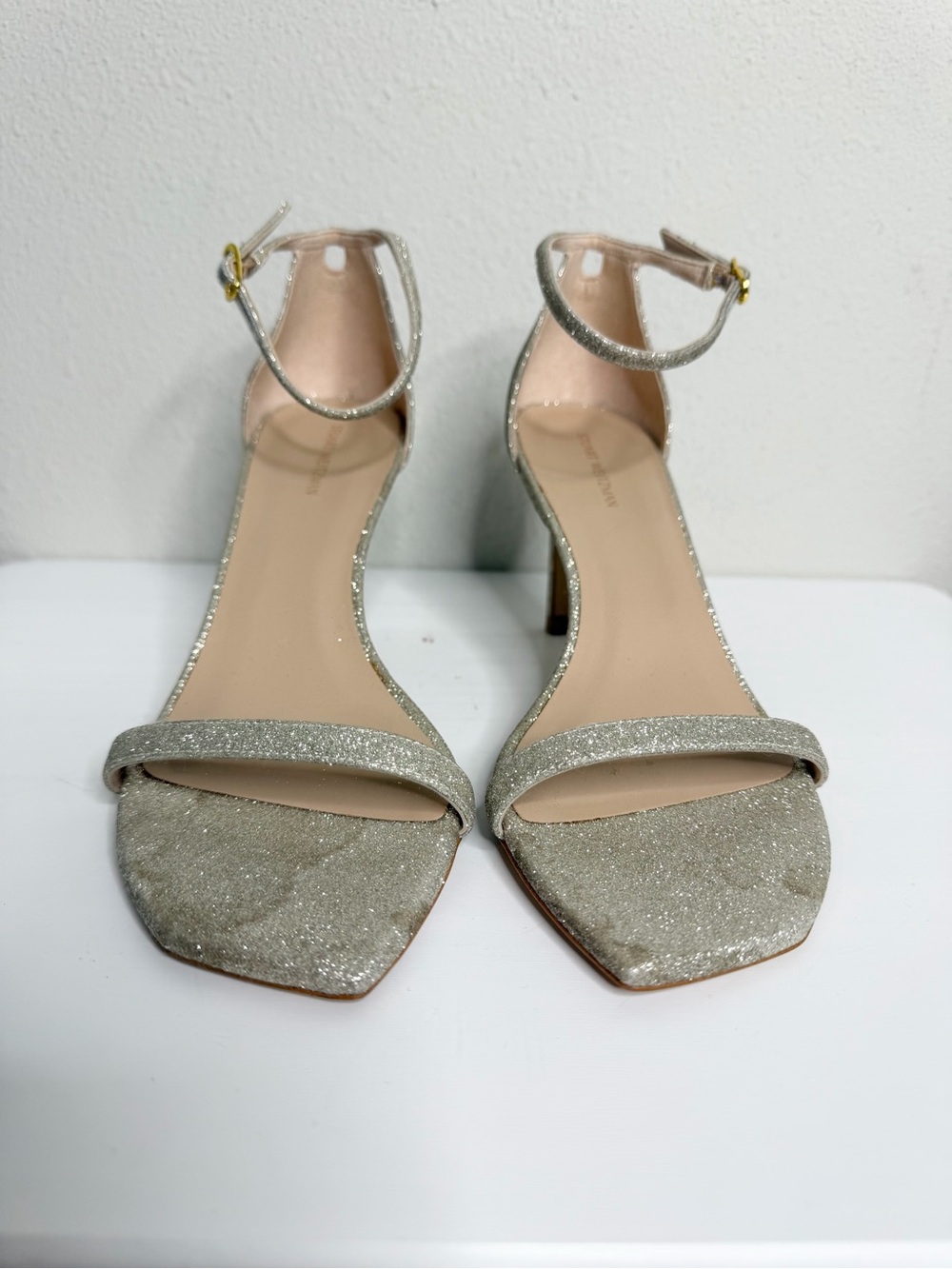 Stuart Weitzman Nudistsong Champagne Glitter Ankle Strap Heels Size 9 *read - Picture 3 of 7